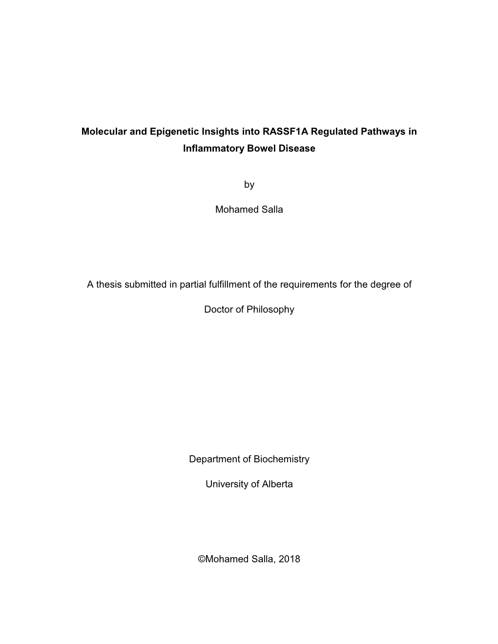 Molecular and Epigenetic Insights Into RASSF1A Regulated Pathways in Inflammatory Bowel Disease by Mohamed Salla a Thesis Submi