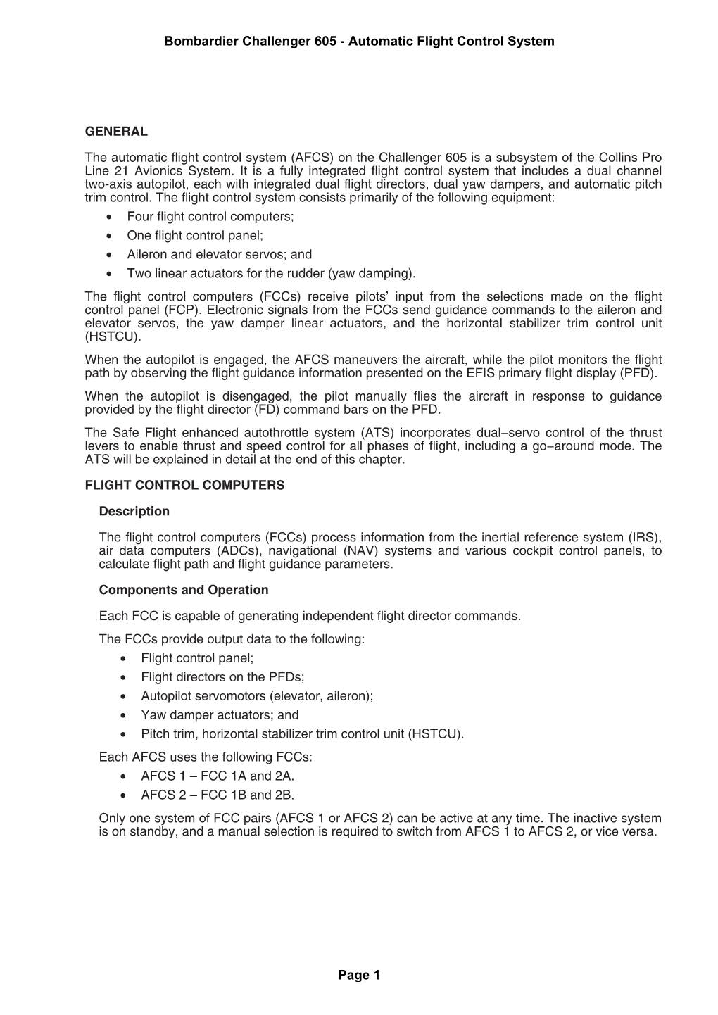 Bombardier Challenger 605 - Automatic Flight Control System