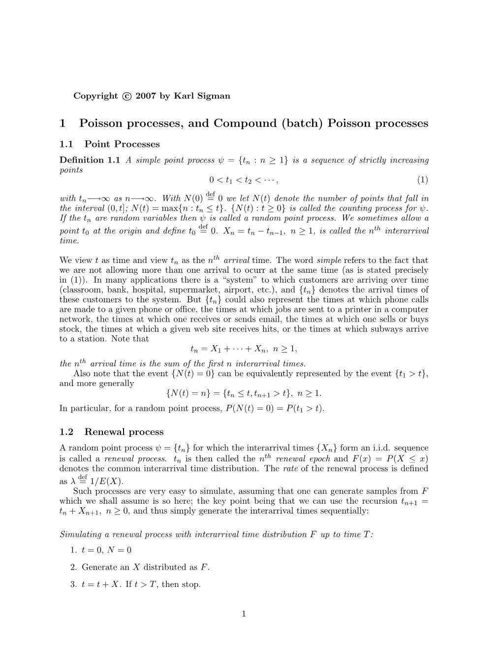 1 Poisson Processes, and Compound (Batch) Poisson Processes