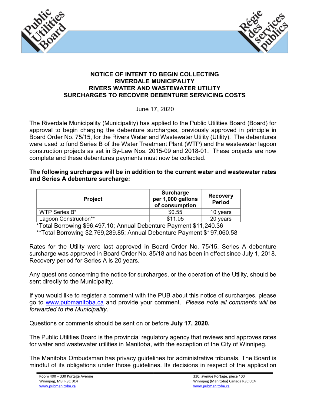 Notice of Intent to Begin Collecting Riverdale Municipality Rivers Water and Wastewater Utility Surcharges to Recover Debenture Servicing Costs