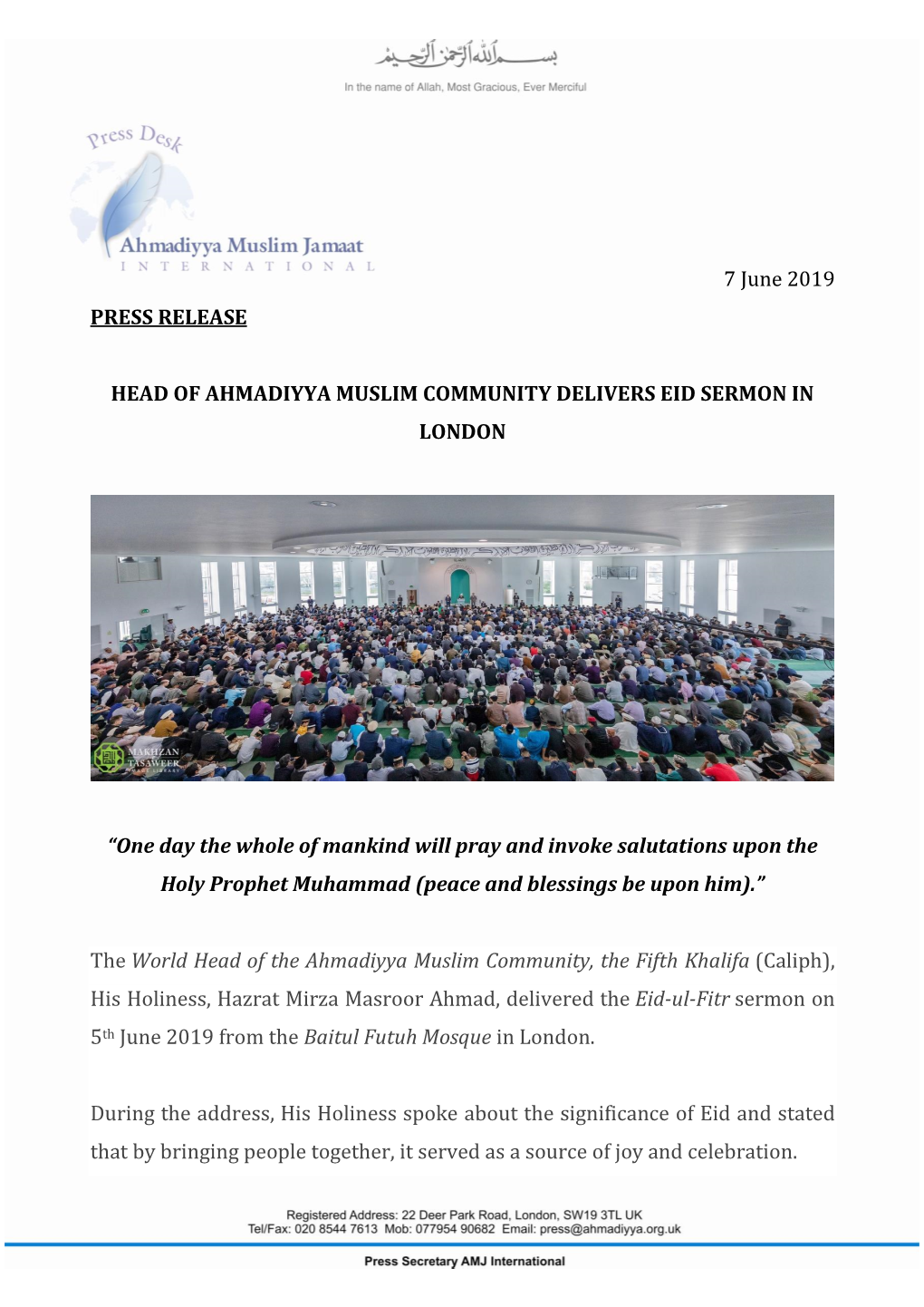 7 June 2019 PRESS RELEASE HEAD