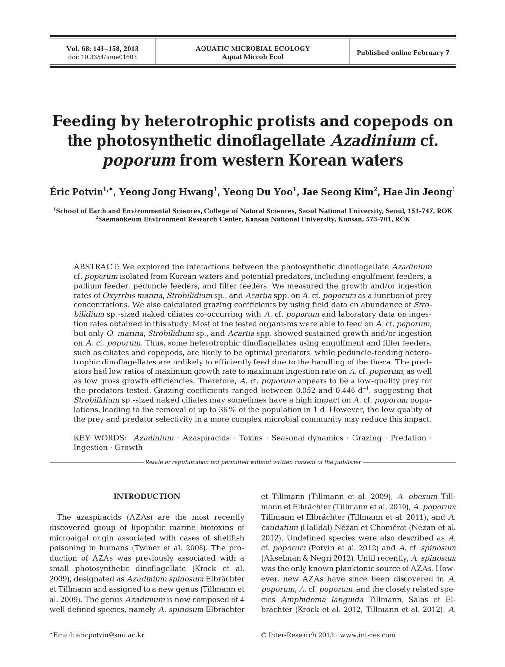 Feeding by Heterotrophic Protists and Copepods on the Photosynthetic Dinoflagellate Azadinium Cf. Poporum from Western Korean Waters