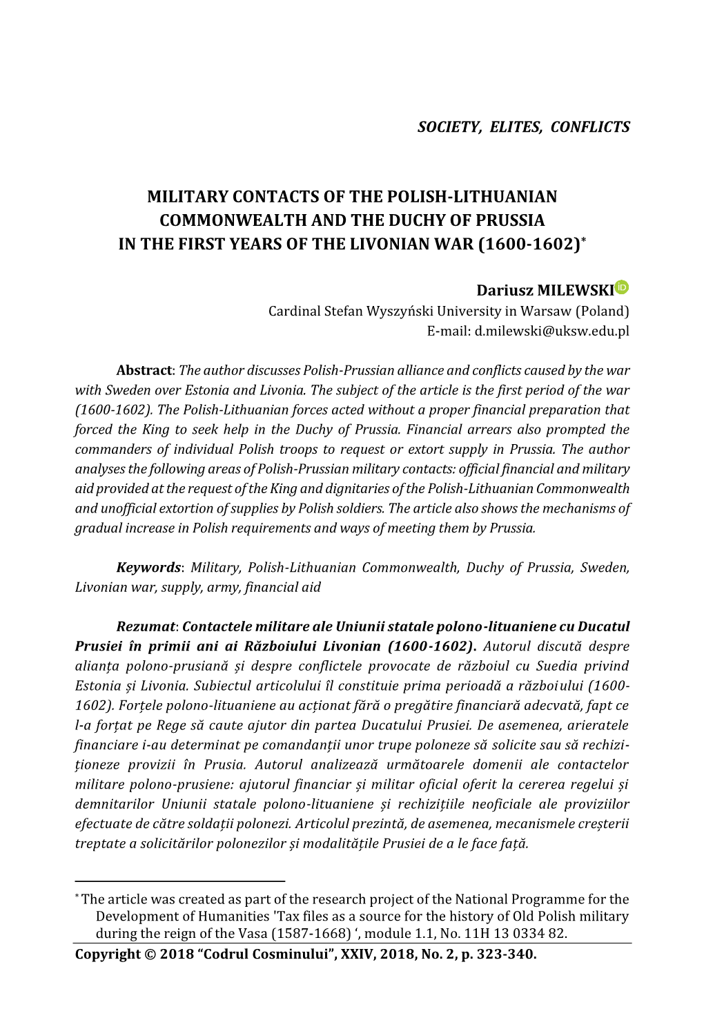 Military Contacts of the Polish-Lithuanian Commonwealth and the Duchy of Prussia in the First Years of the Livonian War (1600-1602)*