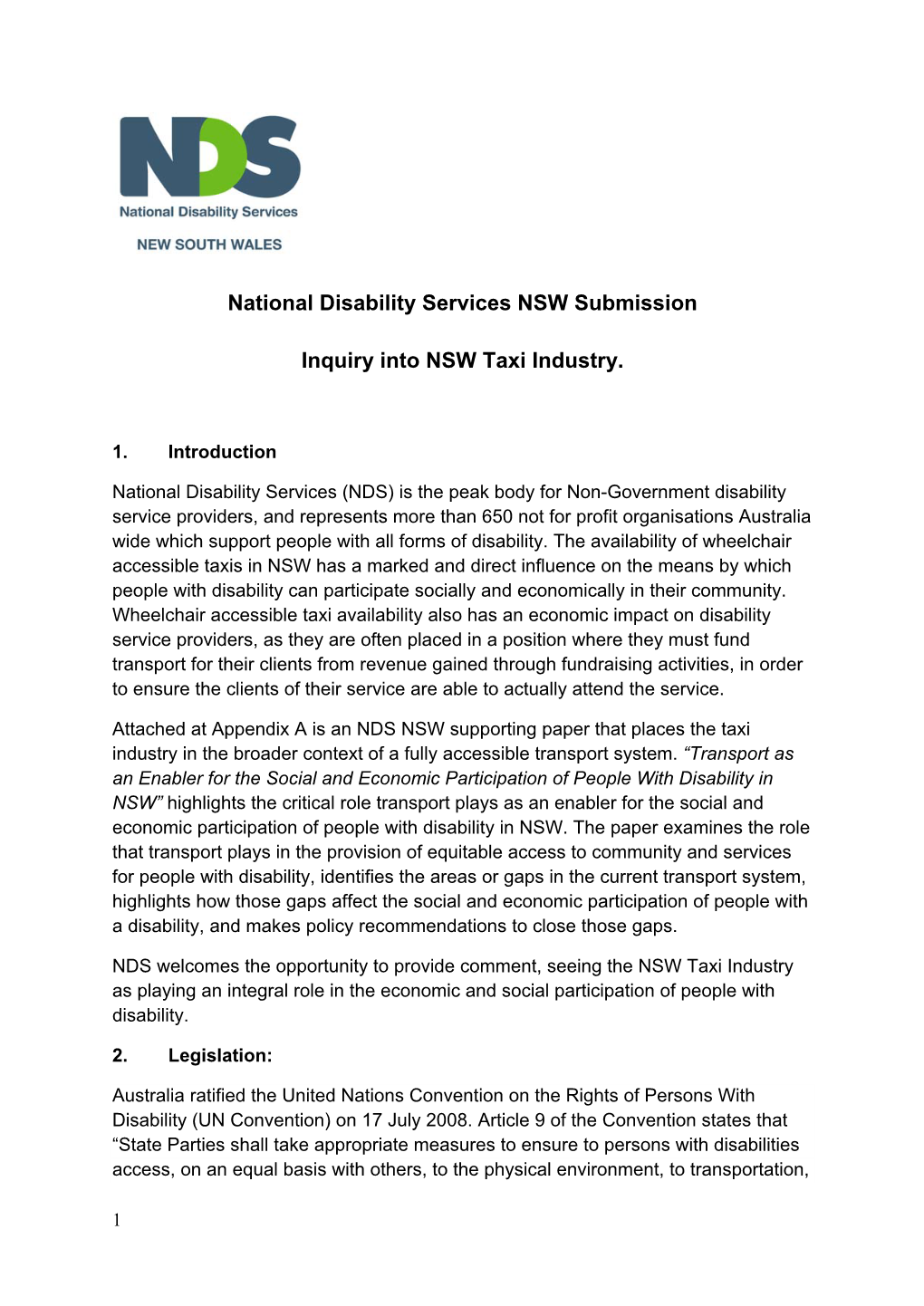 National Disability Services NSW Submission Inquiry Into NSW Taxi