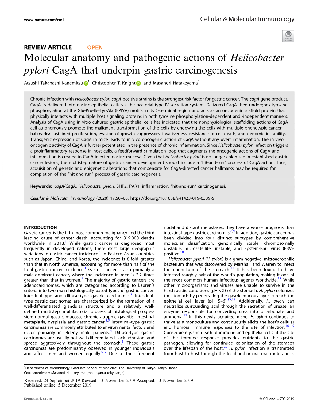 Molecular Anatomy and Pathogenic Actions of Helicobacter Pylori Caga That Underpin Gastric Carcinogenesis