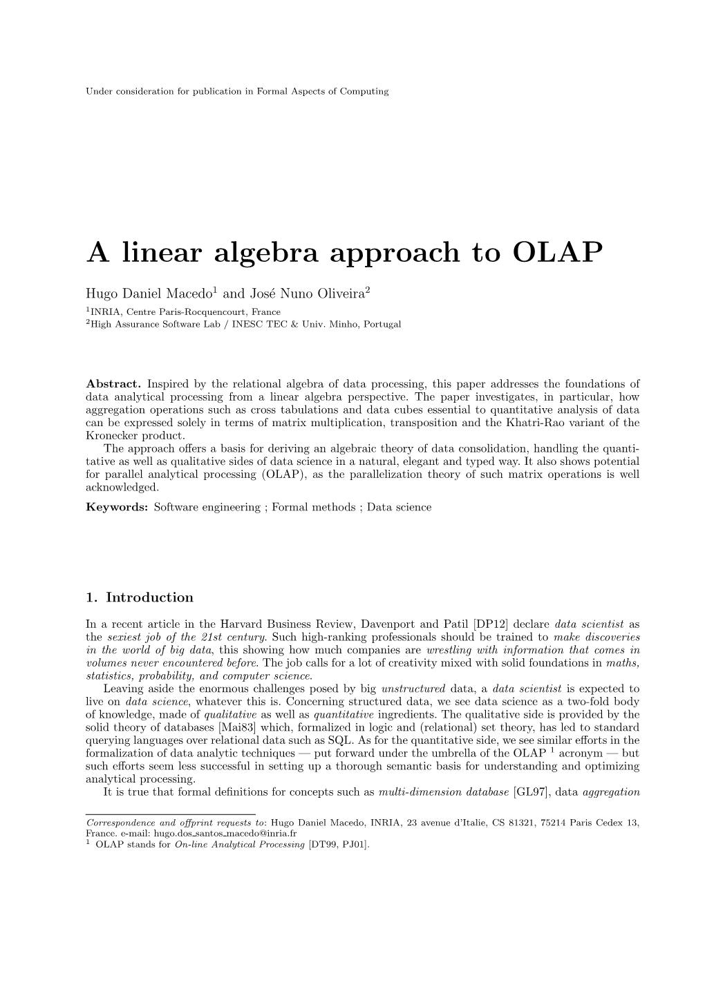 A Linear Algebra Approach to OLAP