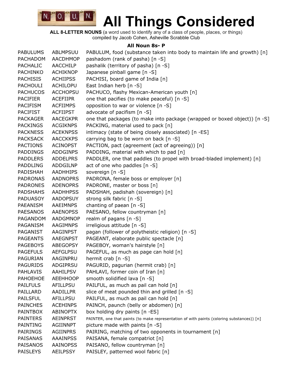 Things Considered ALL 8-LETTER NOUNS (A Word Used to Identify Any of a Class of People, Places, Or Things) Compiled by Jacob Cohen, Asheville Scrabble Club