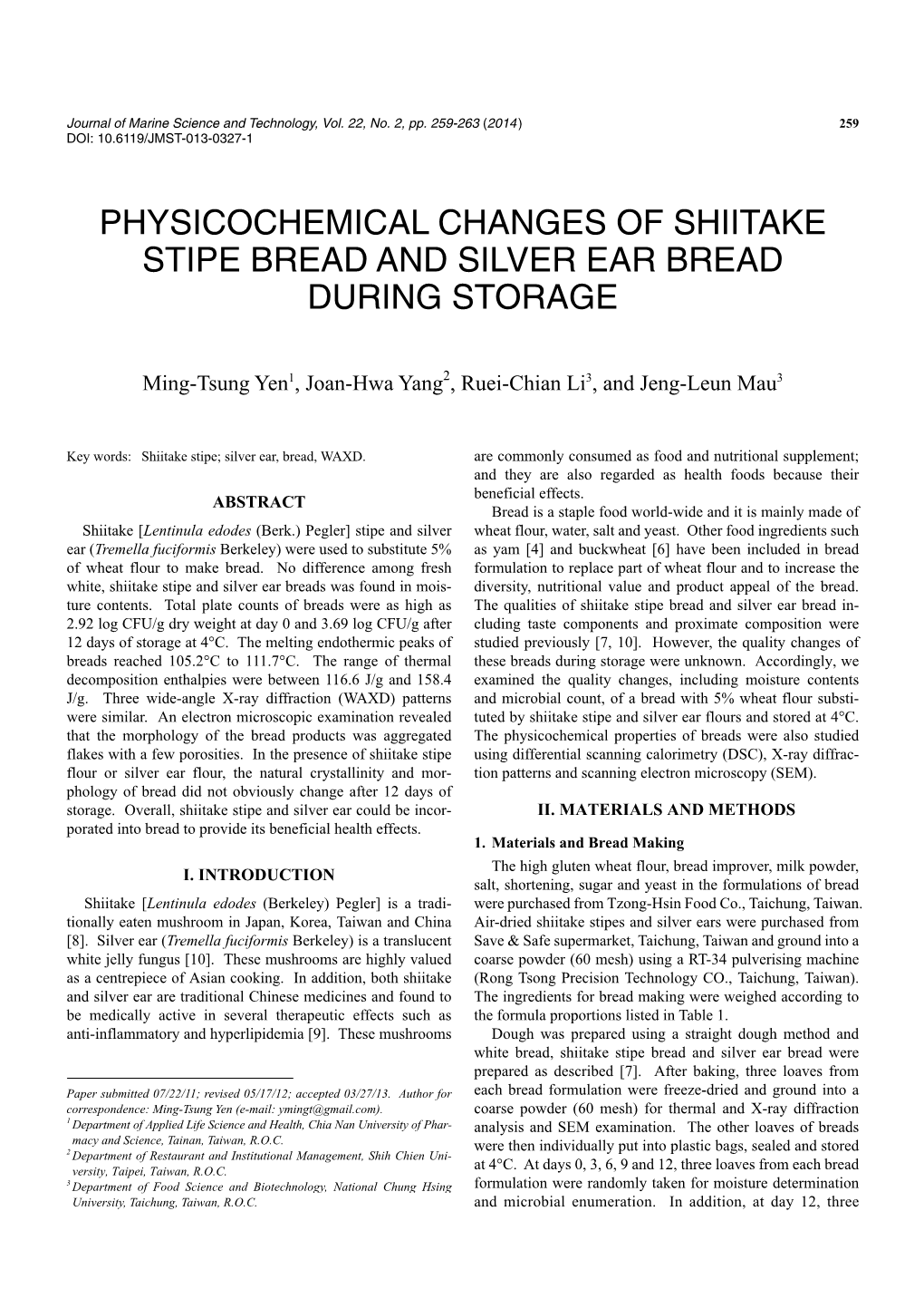 Physicochemical Changes of Shiitake Stipe Bread and Silver Ear Bread During Storage