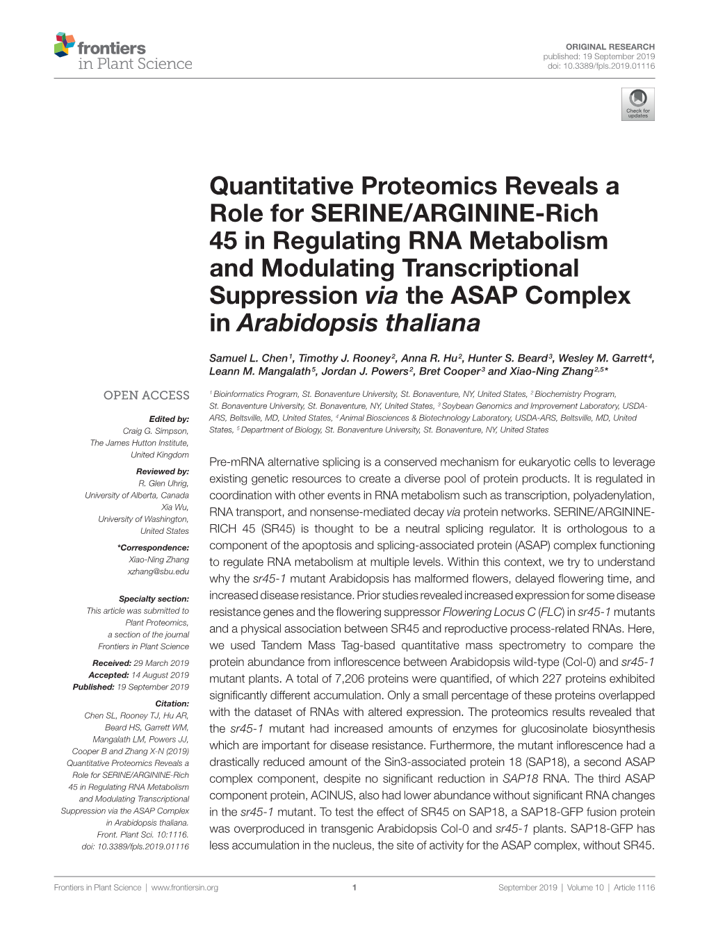 Quantitative Proteomics Reveals a Role for SERINE/ARGININE-Rich