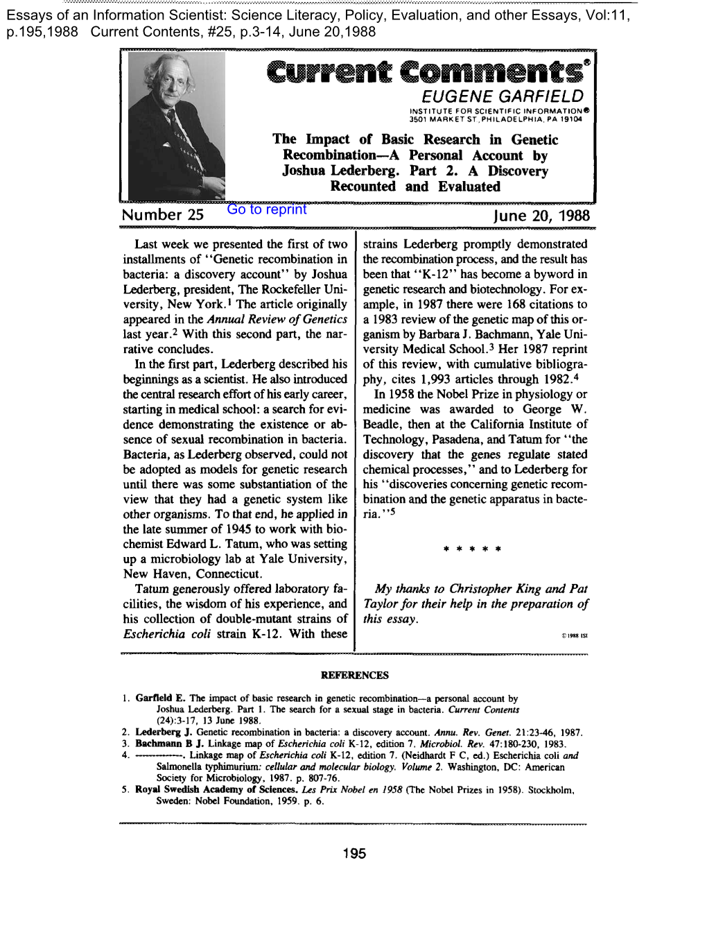 The Impact of Basic Research in Genetic Recombination-A Personal Ruxnmrt by Joshua Lcderberg