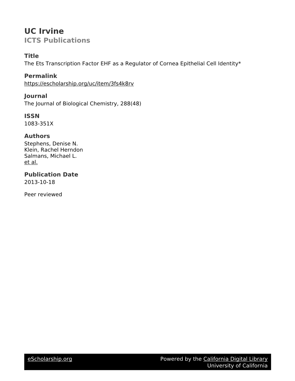 The Ets Transcription Factor EHF As a Regulator of Cornea Epithelial Cell Identity*