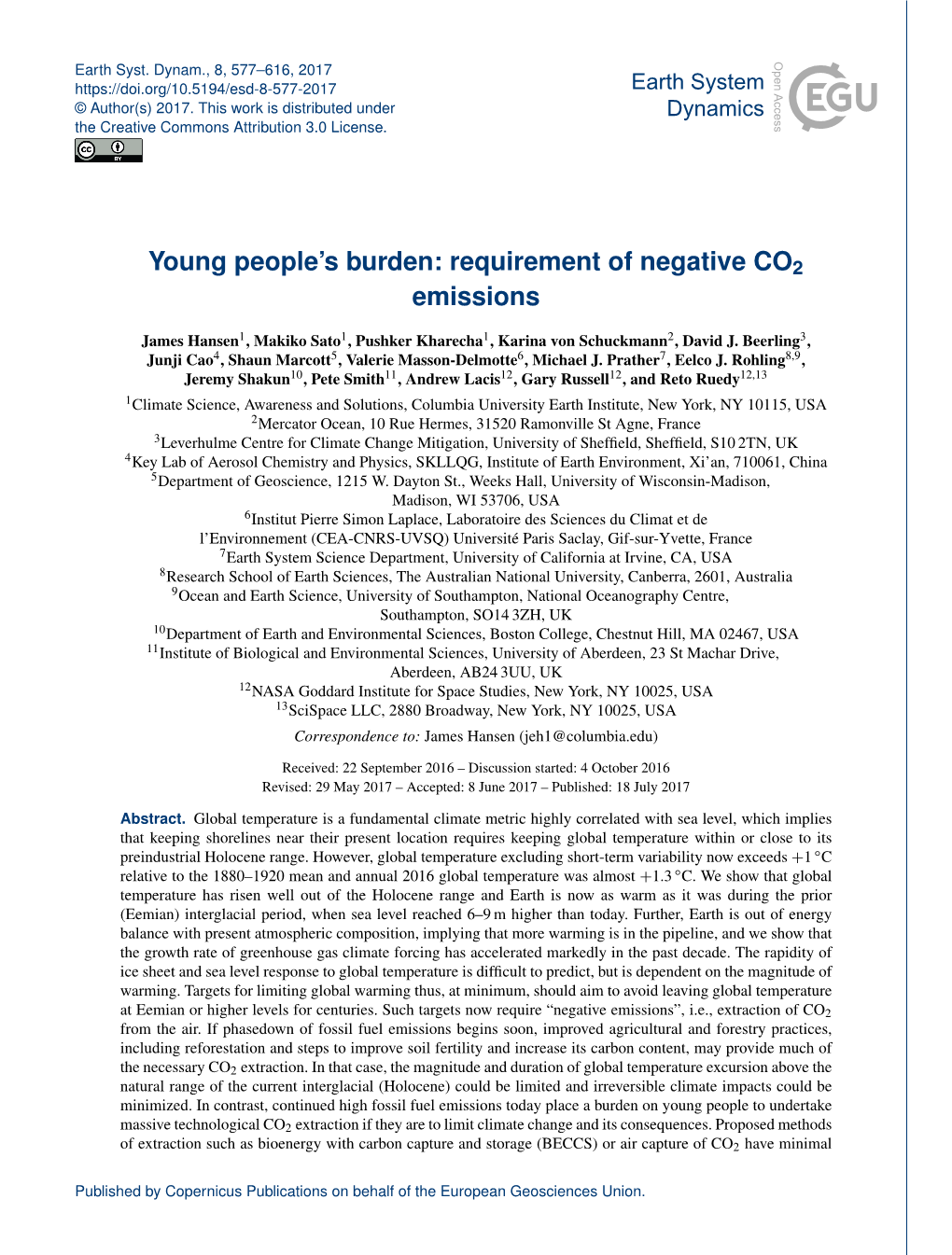 Young People's Burden: Requirement of Negative CO2 Emissions
