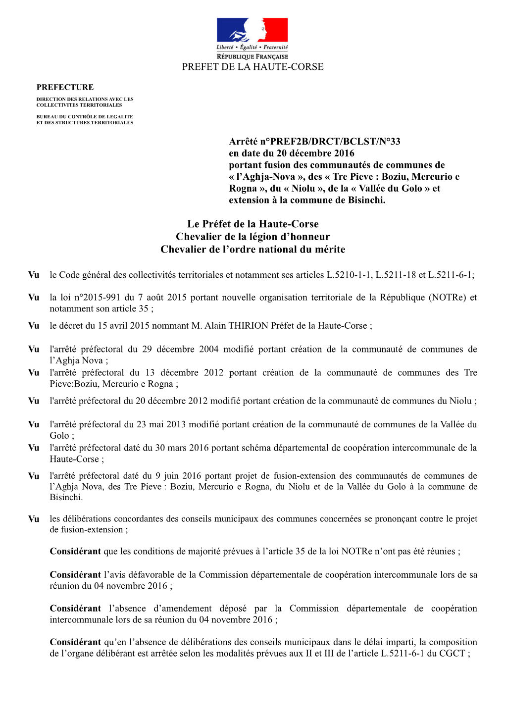 Arrêté PREF2B/DRCT/BCLST/33 Du 20