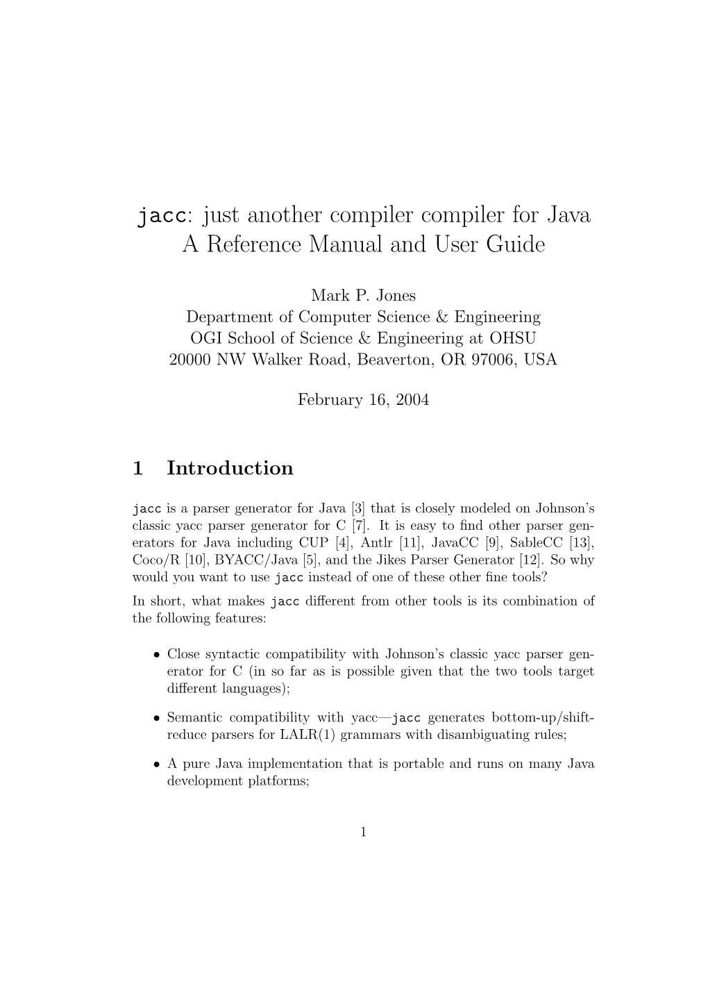 Jacc: Just Another Compiler Compiler for Java a Reference Manual and User Guide