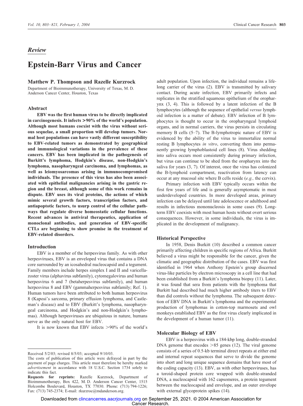 Epstein-Barr Virus and Cancer