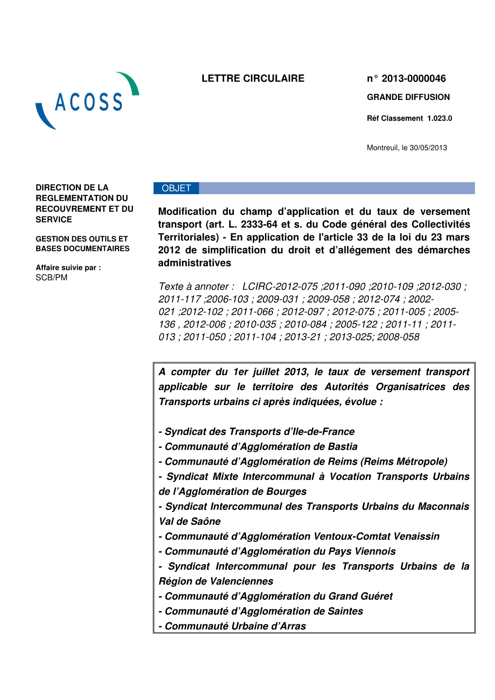 LETTRE CIRCULAIRE N° 20130000046 Modification Du