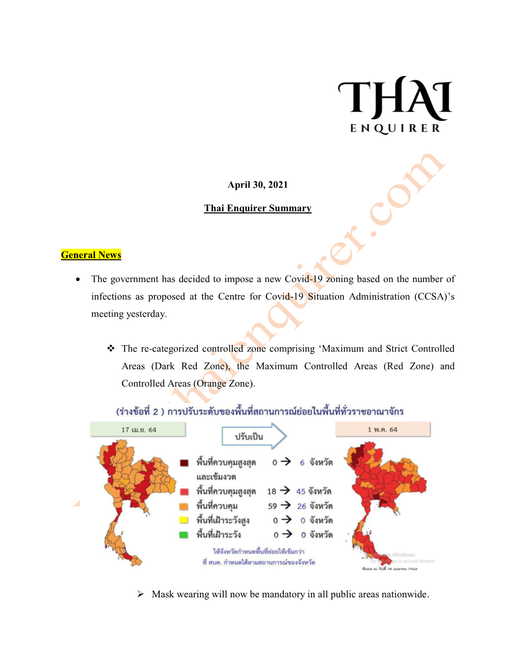 April 30, 2021 Thai Enquirer Summary General News • the Government