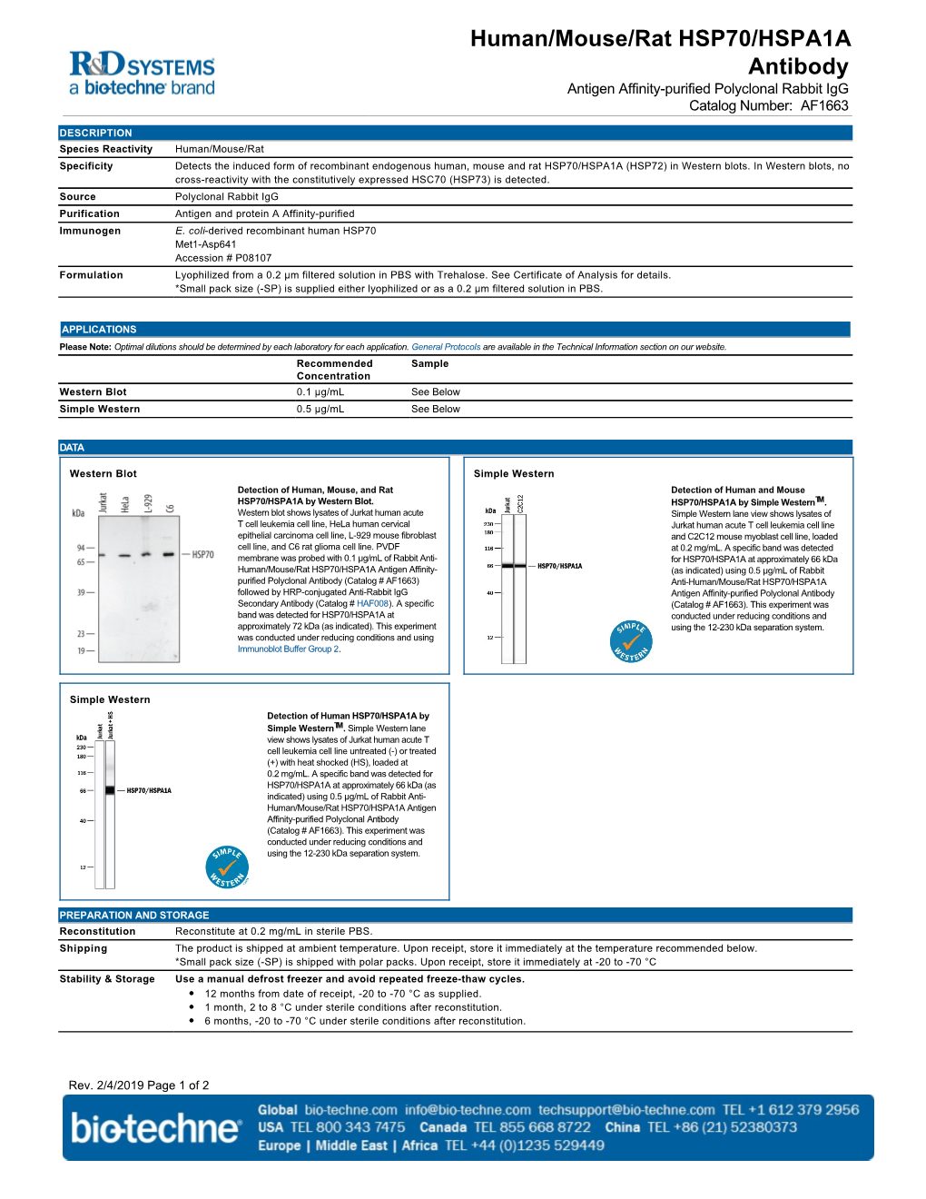 Human/Mouse/Rat HSP70/HSPA1A Antibody Antigen Affinity-Purified Polyclonal Rabbit Igg Catalog Number: AF1663