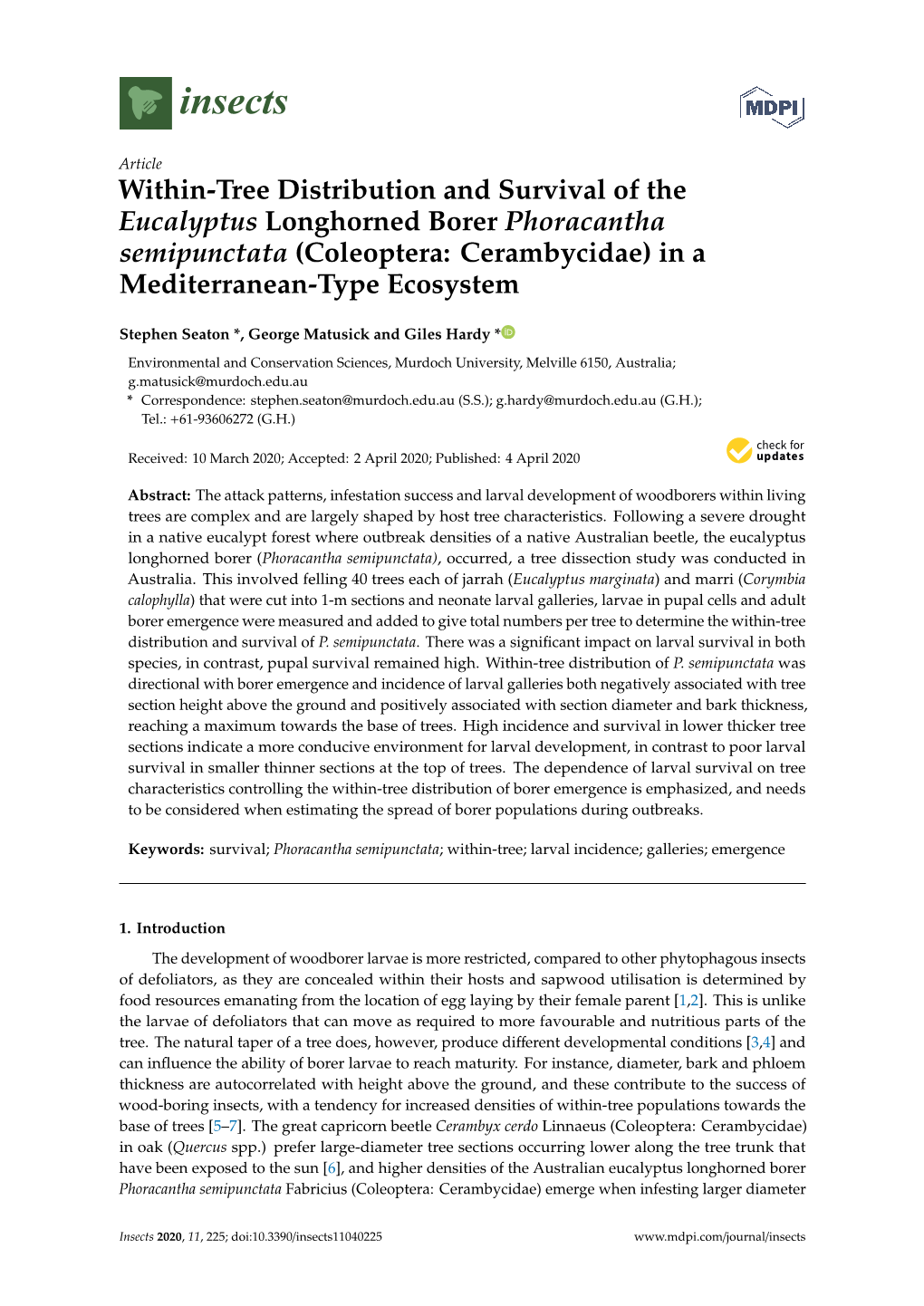 Within-Tree Distribution and Survival of the Eucalyptus Longhorned Borer Phoracantha Semipunctata (Coleoptera: Cerambycidae) in a Mediterranean-Type Ecosystem