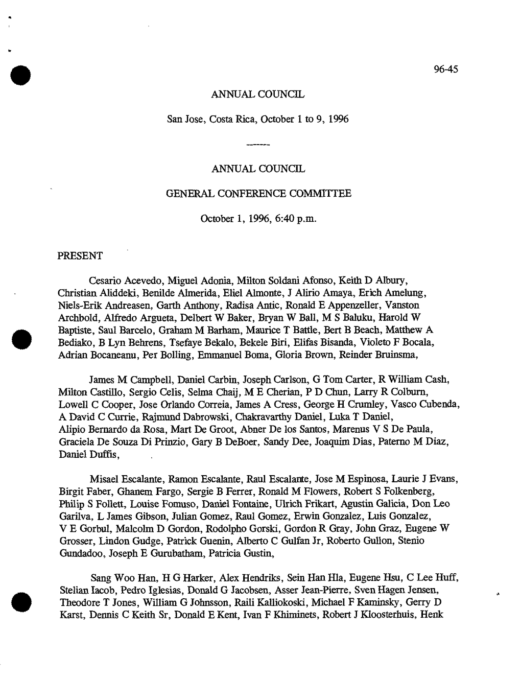 9645 ANNUAL COUNCIL San Jose, Costa Rica, October 1 to 9, 1996