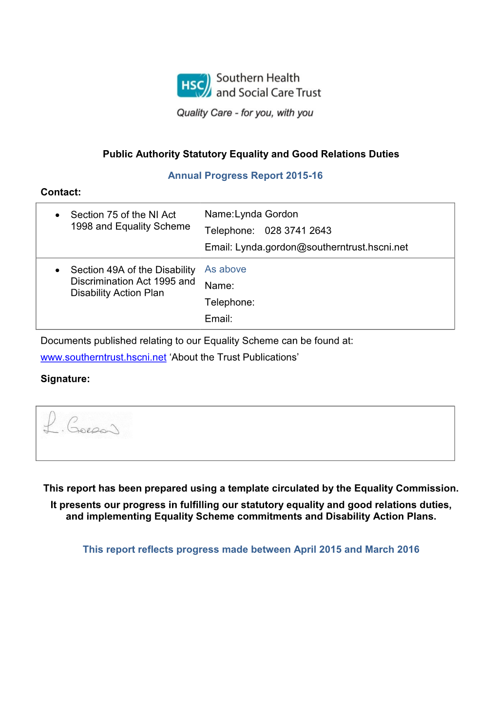 Public Authority Statutory Equality and Good Relations Duties Annual