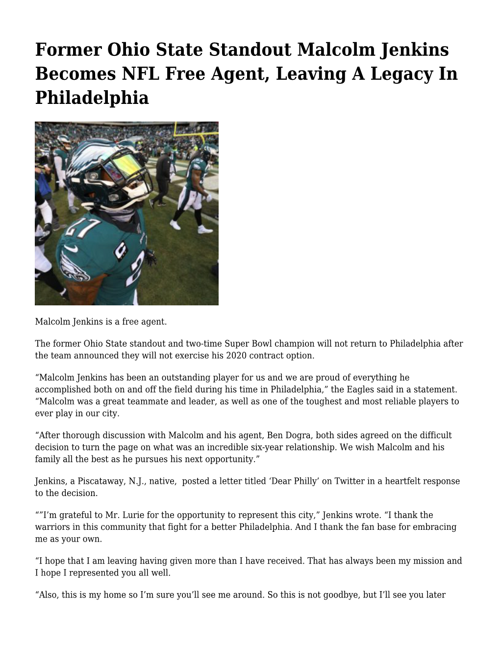 Former Ohio State Standout Malcolm Jenkins Becomes NFL Free Agent, Leaving a Legacy in Philadelphia