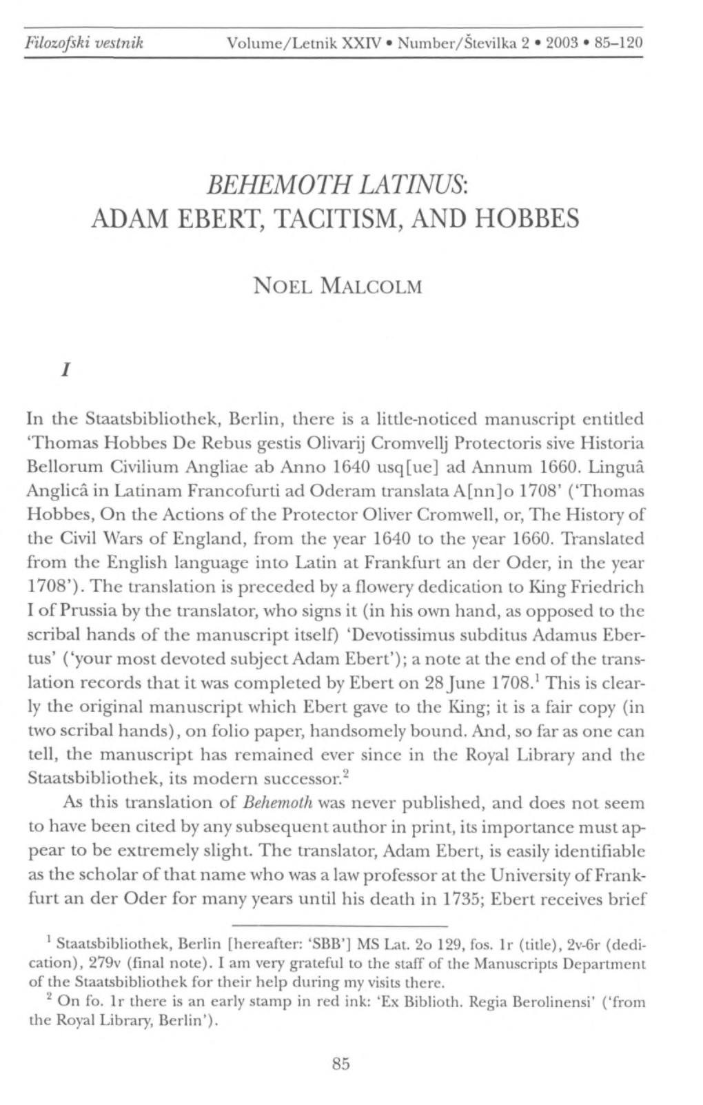 Behemoth Latinus: Adam Ebert, Tacitism, and Hobbes