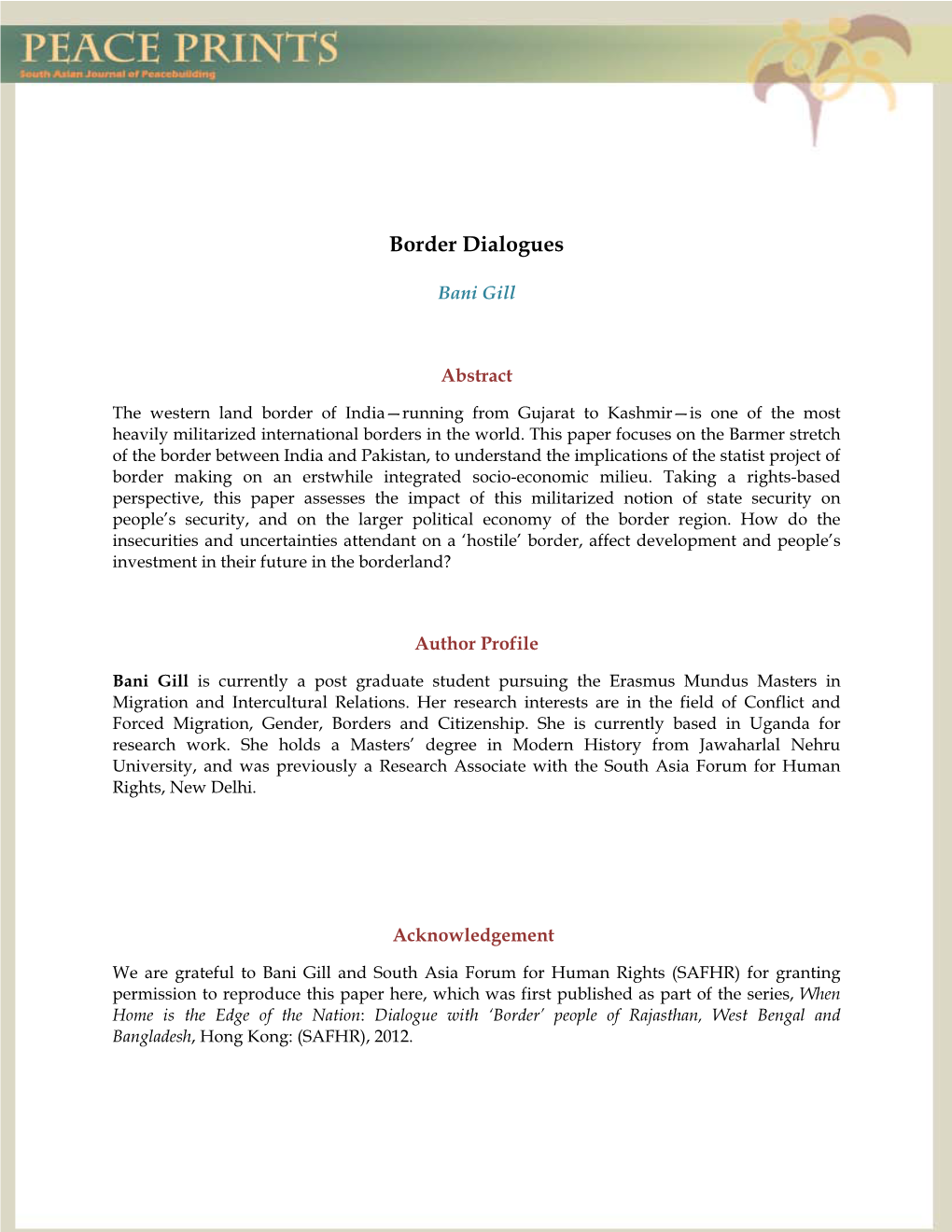 Border Dialogues Peace Prints: South Asian Journal of Peacebuilding, Vol