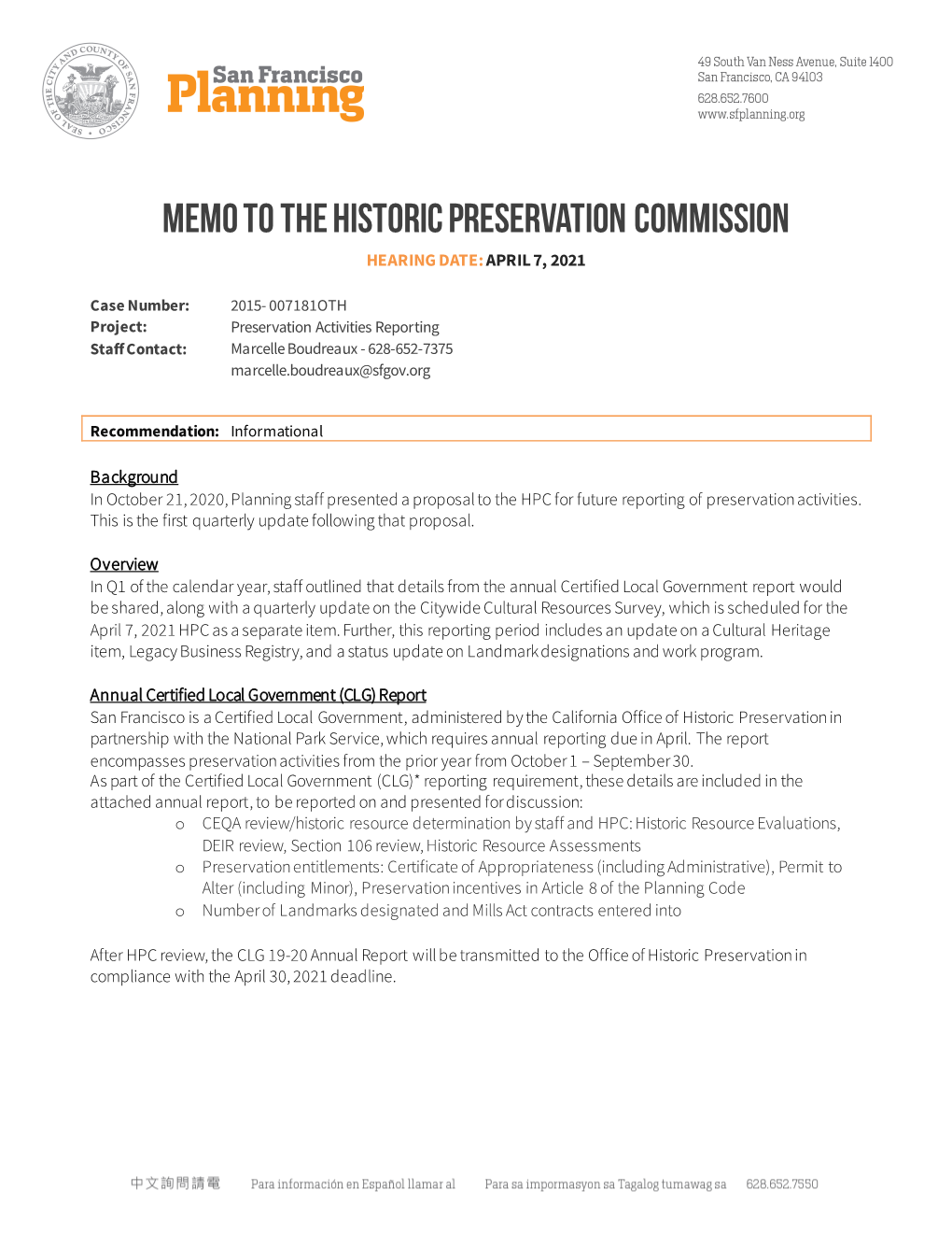 MEMO to the Historic Preservation COMMISSION HEARING DATE: APRIL 7, 2021