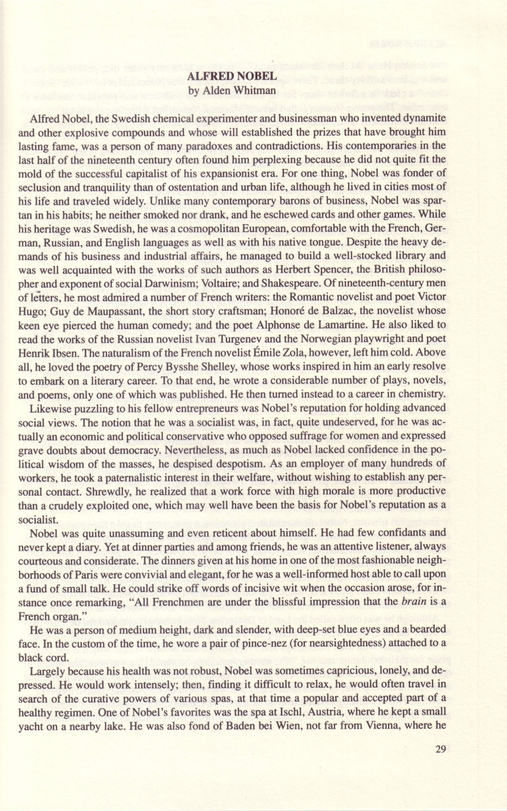 ALFRED NOBEL by Alden Whitman Alfred Nobel, the Swedish Chemical