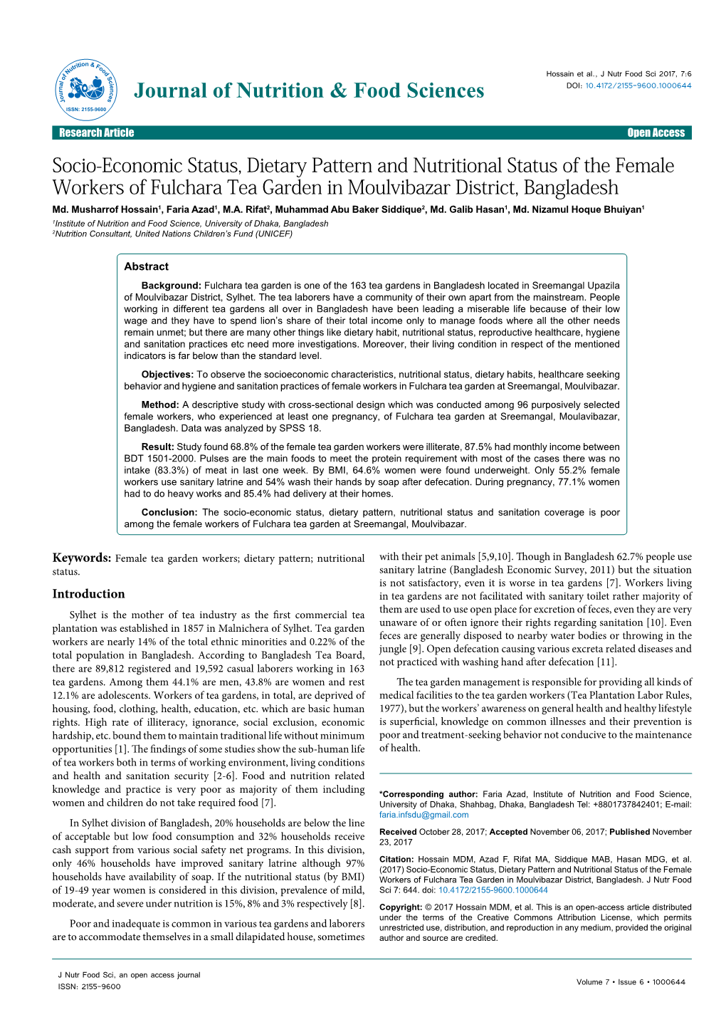 Socio-Economic Status, Dietary Pattern and Nutritional Status of the Female Workers of Fulchara Tea Garden in Moulvibazar District, Bangladesh Md