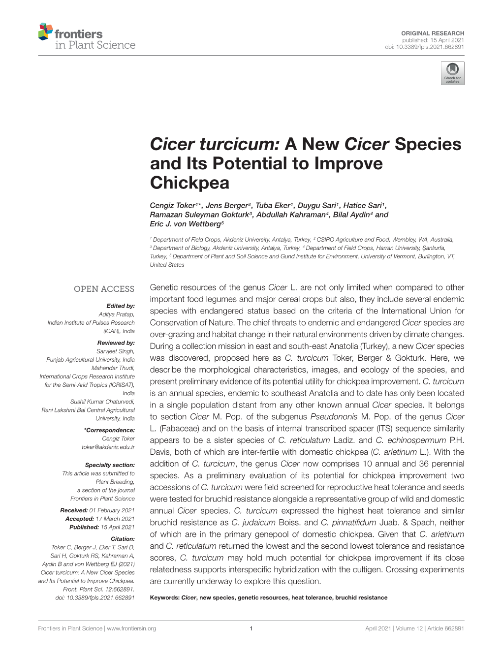 Cicer Turcicum: a New Cicer Species and Its Potential to Improve Chickpea