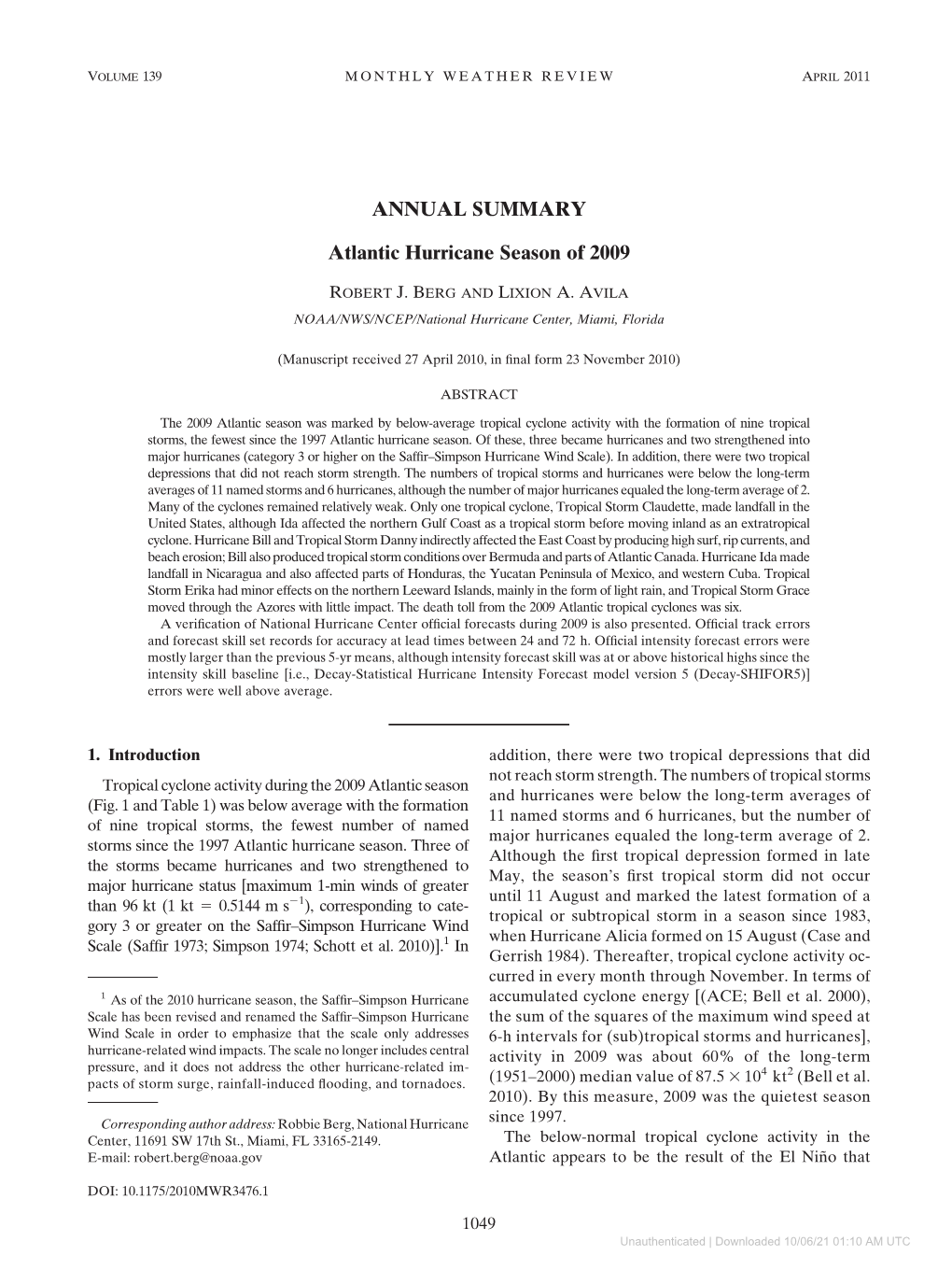 ANNUAL SUMMARY Atlantic Hurricane Season of 2009