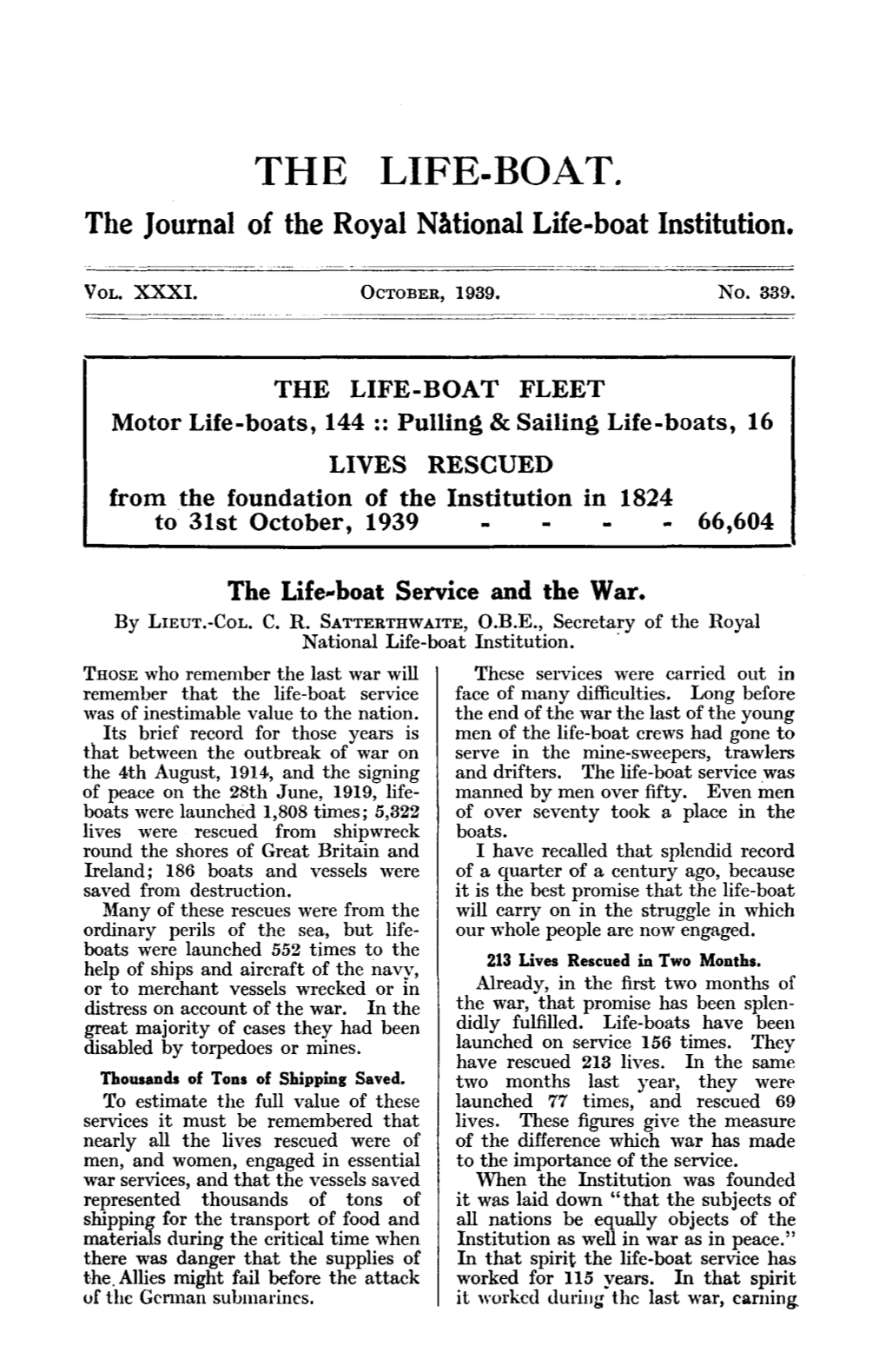 THE LIFE-BOAT. the Journal of the Royal National Life-Boat Institution