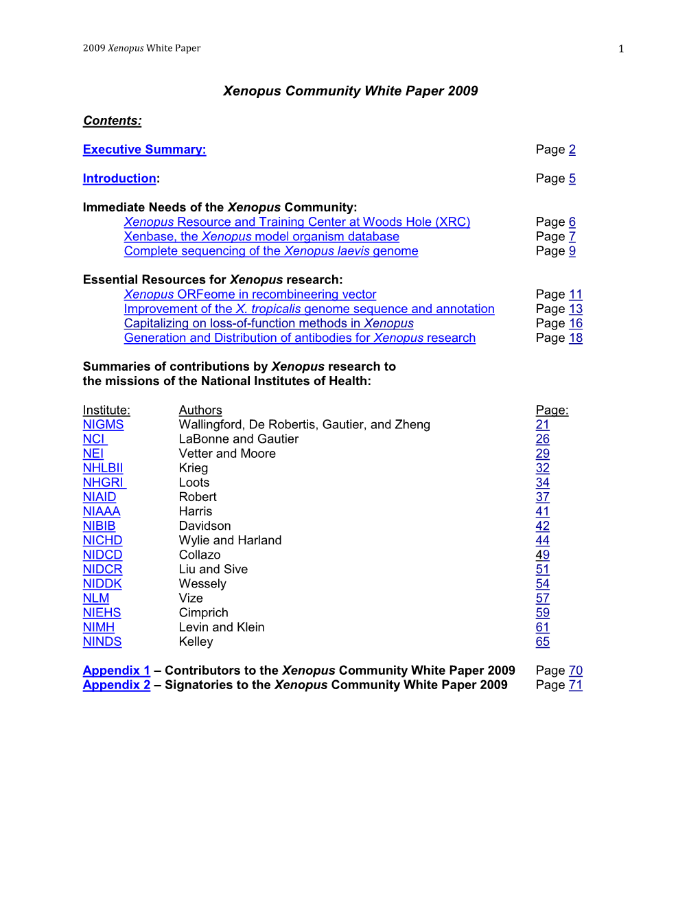 Xenopus Community White Paper 2009
