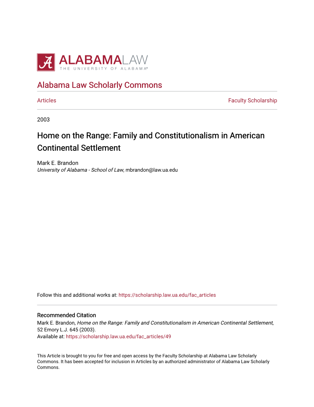 Home on the Range: Family and Constitutionalism in American Continental Settlement