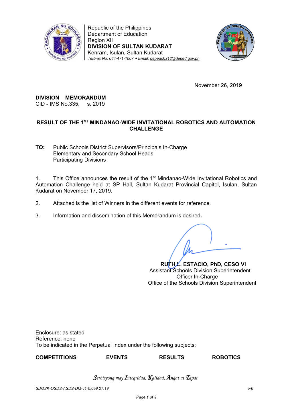 Republic of the Philippines Department of Education Region XII DIVISION of SULTAN KUDARAT Kenram, Isulan, Sultan Kudarat Tel/Fax No