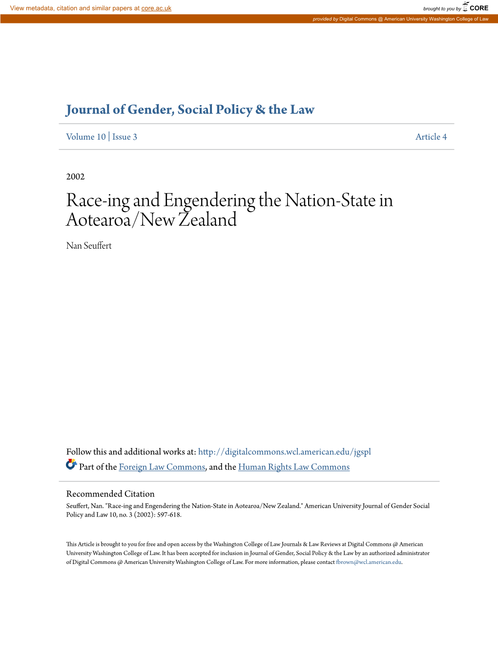 Race-Ing and Engendering the Nation-State in Aotearoa/New Zealand Nan Seuffert