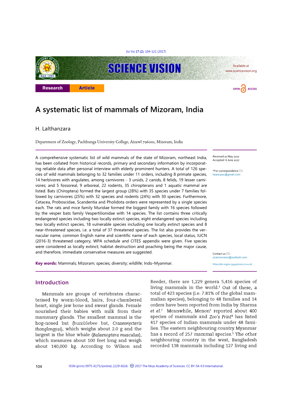 A Systematic List of Mammals of Mizoram, India