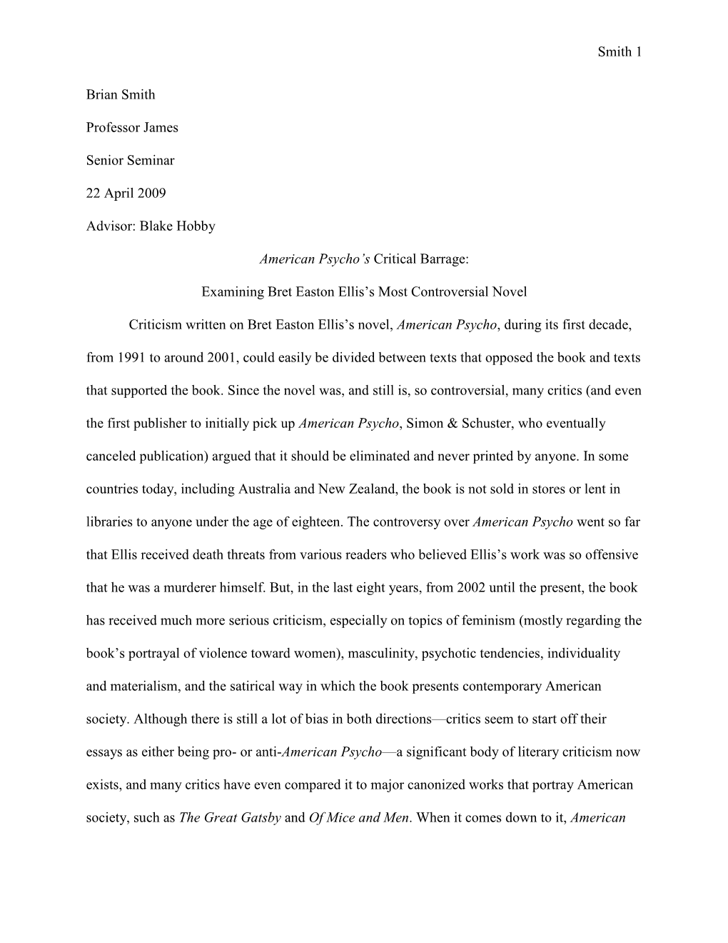 American Psycho's Critical Barrage: Examining Bret Easton Ellis' Most