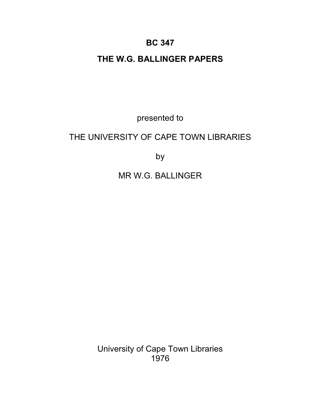 Bc 347 the Wg Ballinger Papers