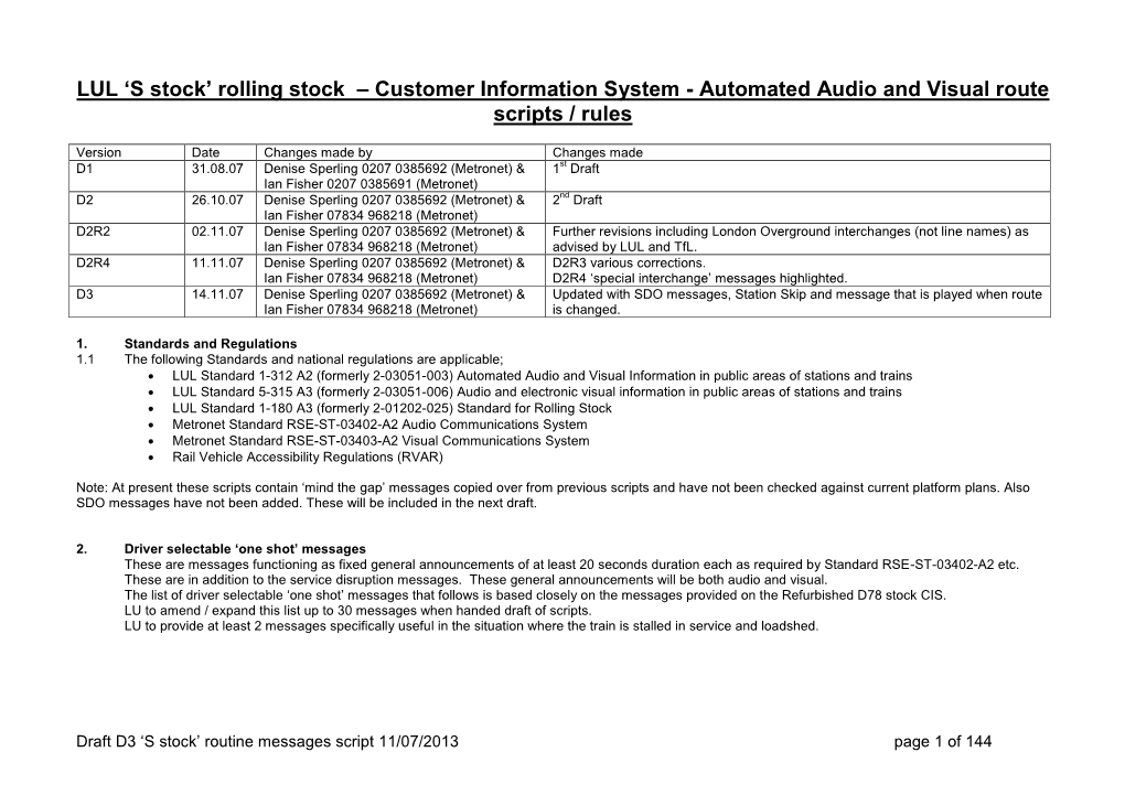 S Stock’ Rolling Stock – Customer Information System - Automated Audio and Visual Route Scripts / Rules