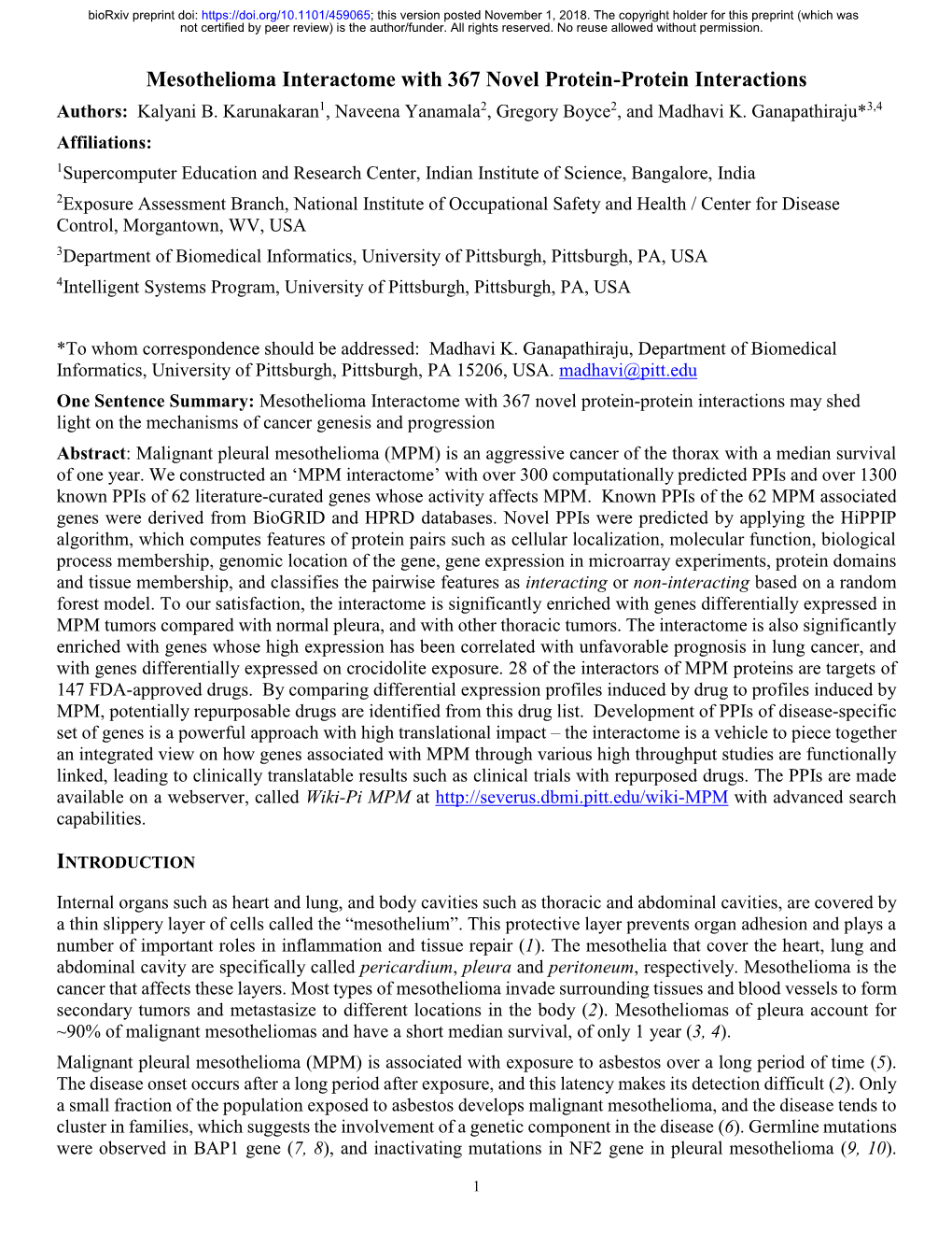 Mesothelioma Interactome with 367 Novel Protein-Protein Interactions Authors: Kalyani B