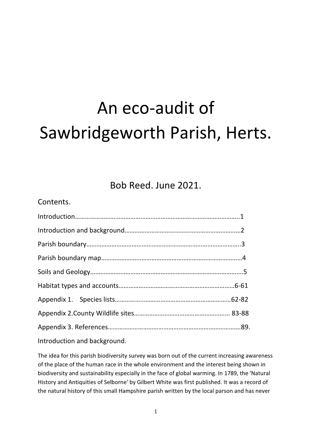 An Eco-Audit of Sawbridgeworth Parish, Herts