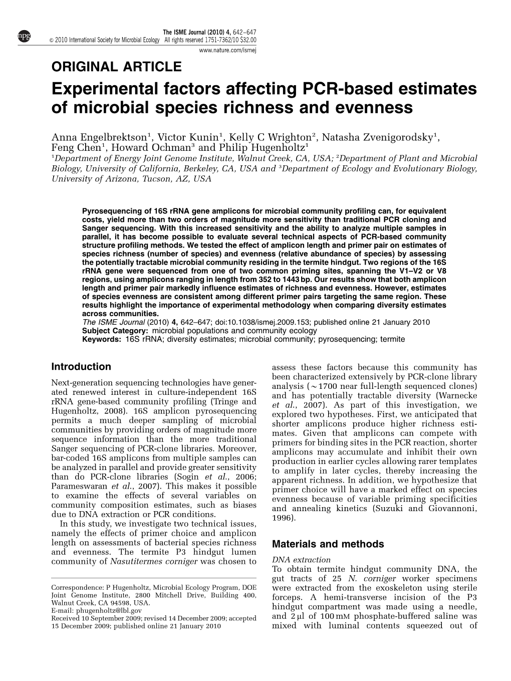 Experimental Factors Affecting PCR-Based Estimates of Microbial Species Richness and Evenness