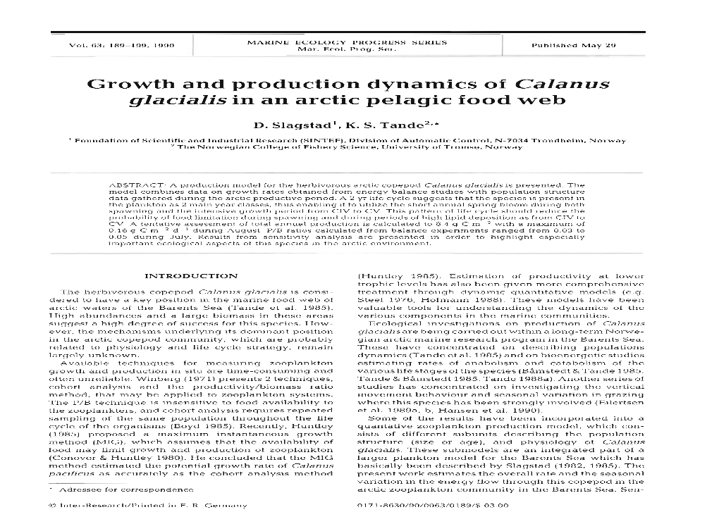 Growth and Production Dynamics of Calanus Glacialis in an Arctic Pelagic Food Web