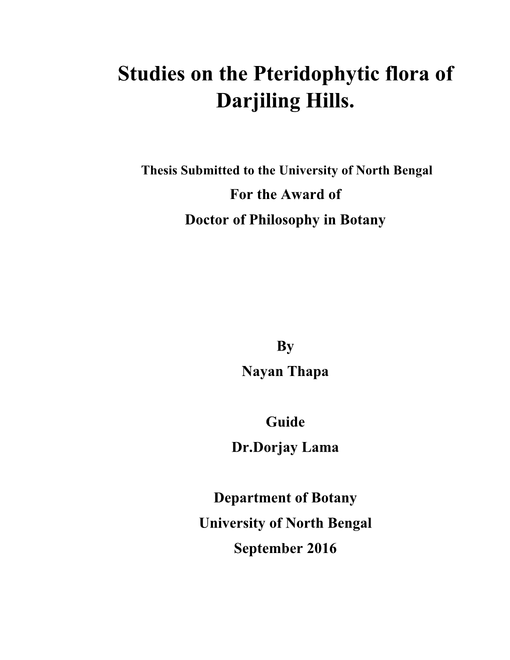Studies on the Pteridophytic Flora of Darjiling Hills
