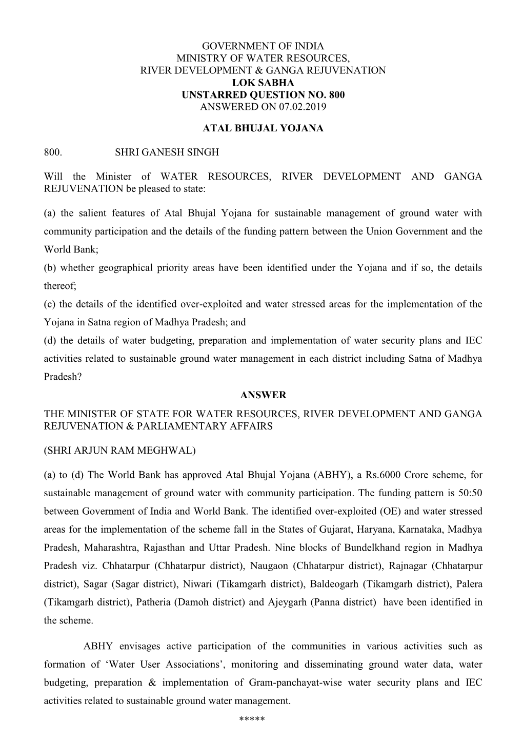 Government of India Ministry of Water Resources, River Development & Ganga Rejuvenation Lok Sabha Unstarred Question No