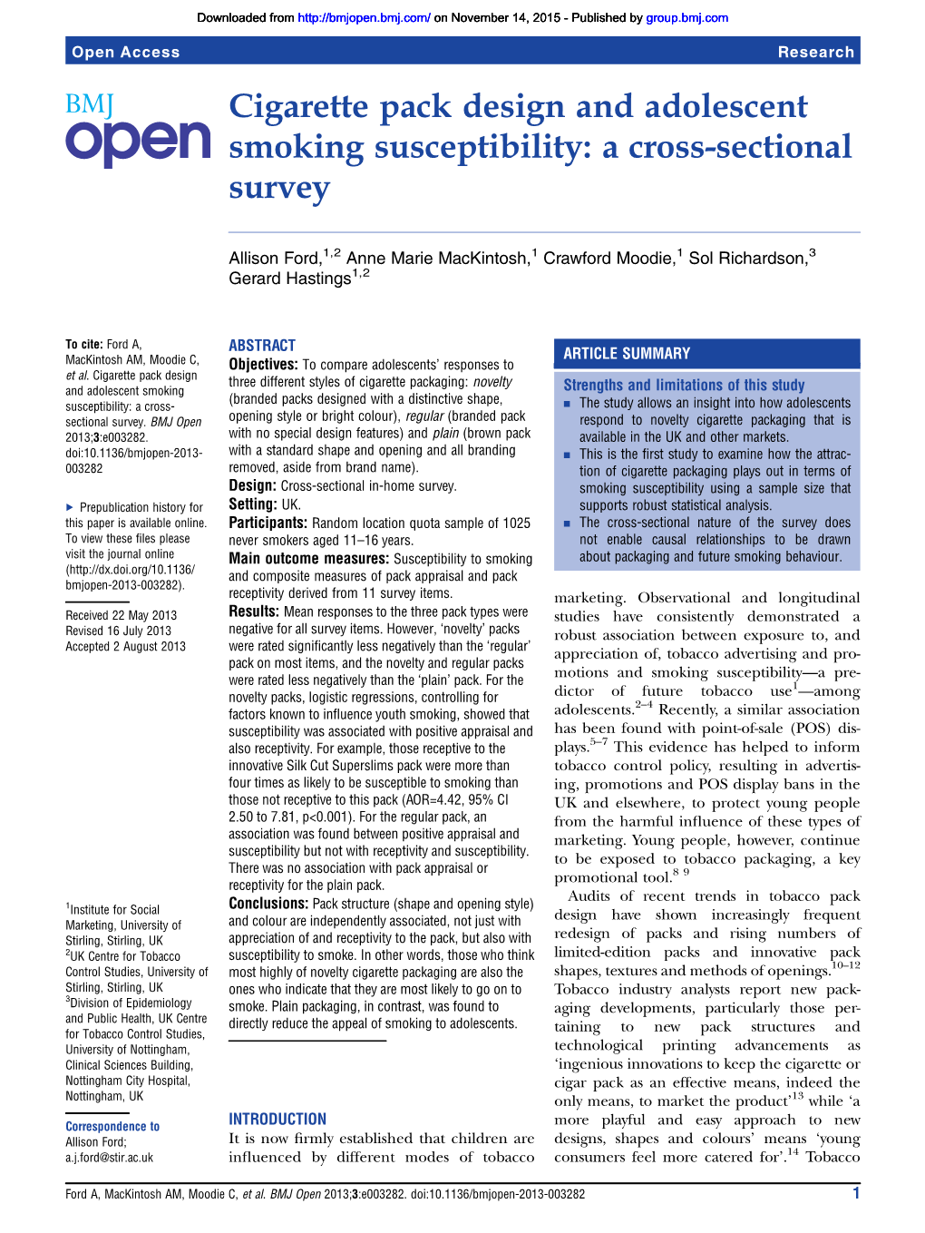 Cigarette Pack Design and Adolescent Smoking Susceptibility: a Cross-Sectional Survey