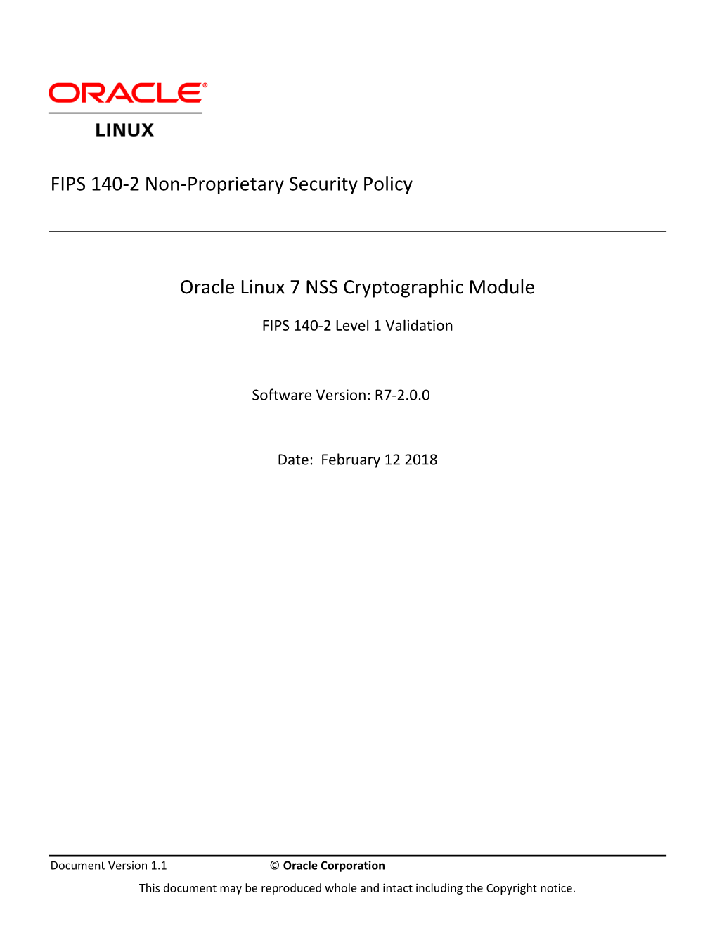 FIPS 140-2 Non-Proprietary Security Policy Oracle Linux 7 NSS